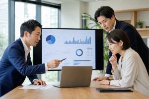 経営者と担当者がAIを活用して業務判断を検討する様子